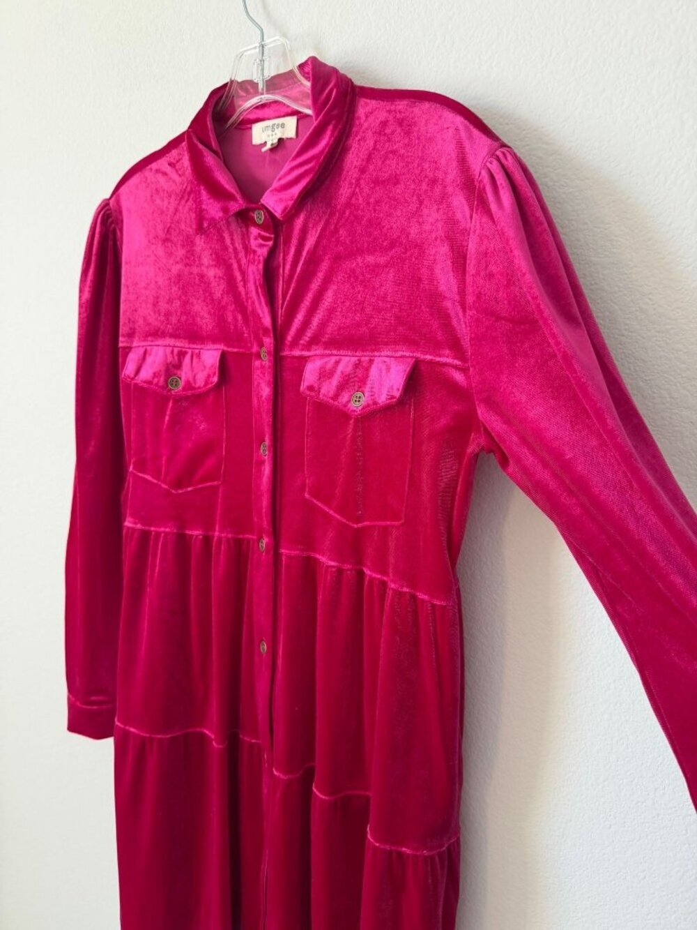 UMGEE Long Sleeve Button Front Tiered Pink Velour Mini Dress Women's Size S - Picture 6 of 10